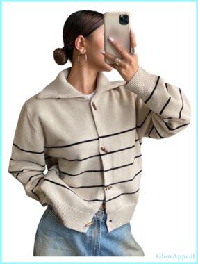 Striped Button Down Cardigan Long Sleeve Knit Sweater Retro Outerwear